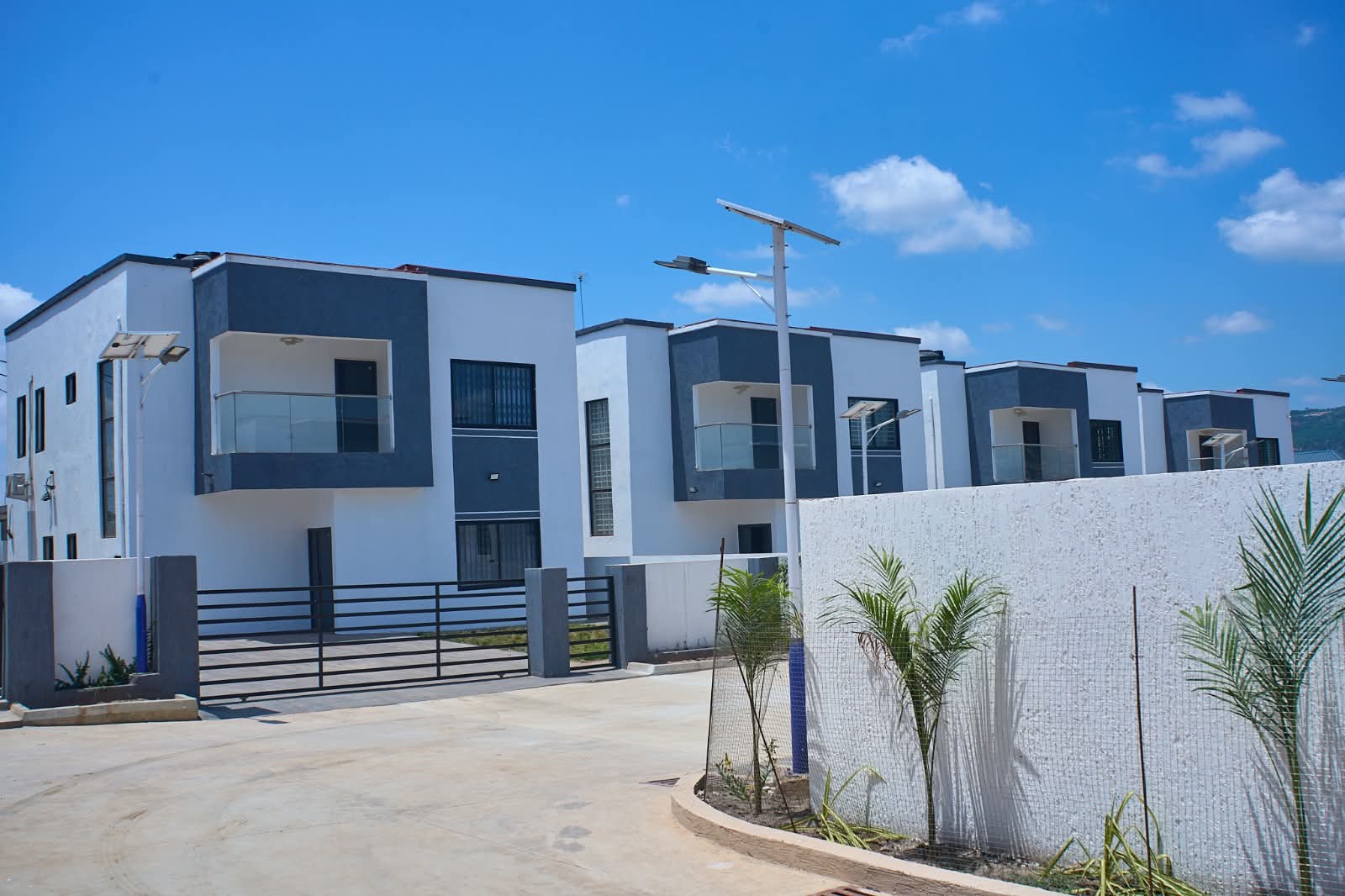 Finished homes behind a gated entrance, with young palms along the wall